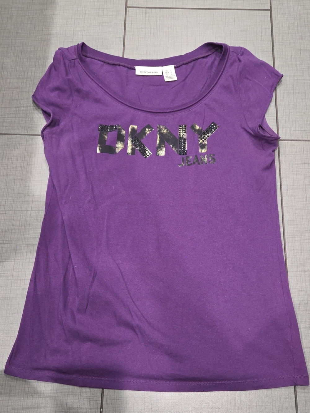 DKNY Purple Short Sleeve Logo Tee with Metallic Accents Large
